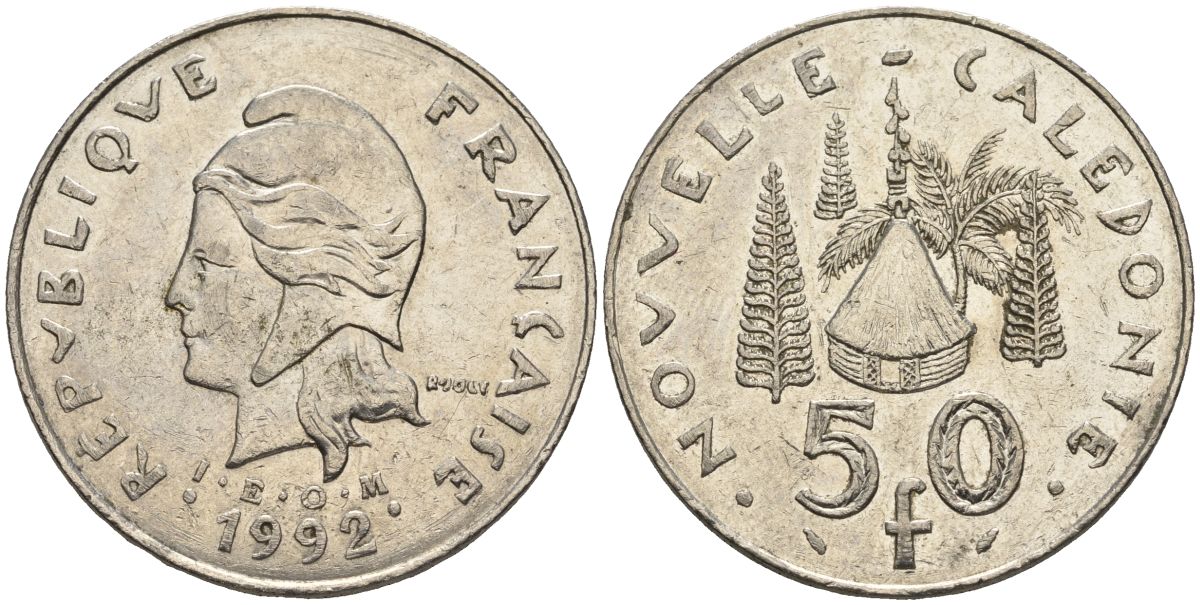 Французская Новая Каледония 50 франков 1992 хижина среди сосен и пальм, (IEOM) KM 13, Schoen 15, Lec 121 никель 4123-222