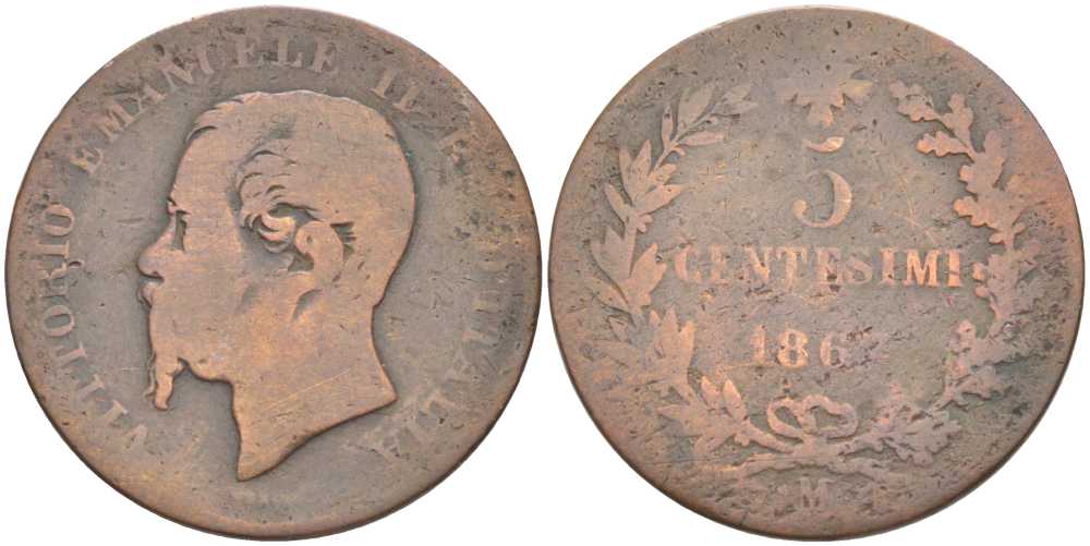 ИТАЛИЯ 5 ЧЕНТЕЗИМО 1867 М, ВИКТОР ИМАНУИЛ II KM 3.2 медь 111-1031