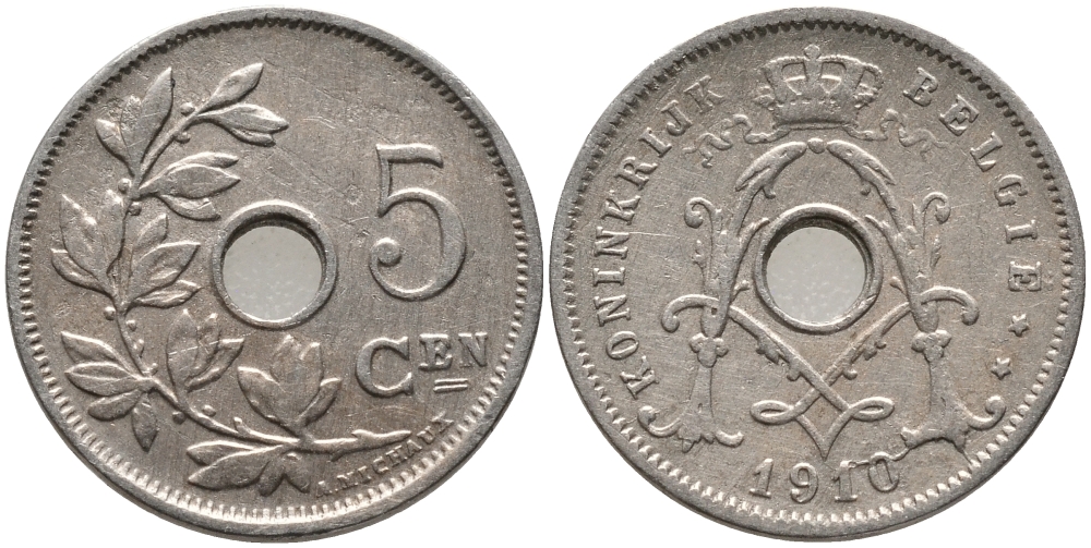 БЕЛЬГИЯ 5 САНТИМОВ 1910 BELGIE KM 67 медно-никель 72-1021
