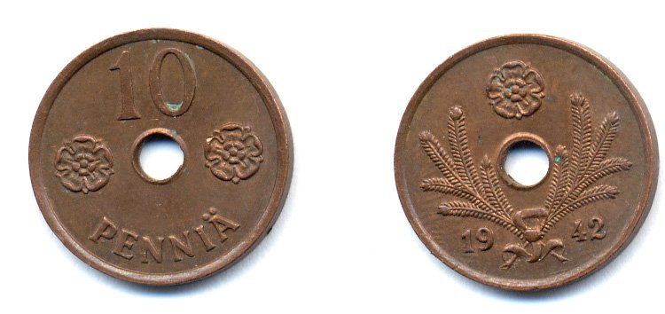 ФИНЛЯНДИЯ 10 ПЕННИ 1942 KM 33.1 медь 51-4951
