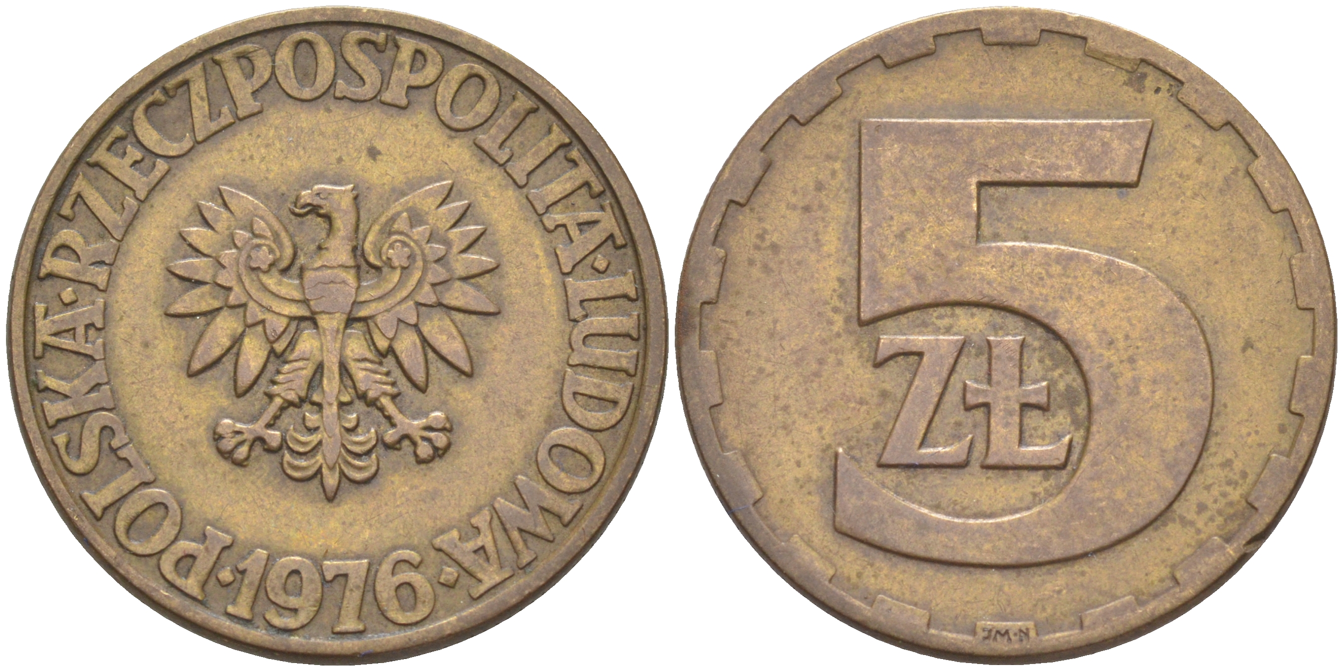 Польша 5 злотых 1976 монетный двор Ленинград (ЛМД) KM 81.1, Parchimowicz 221b латунь 119-1133