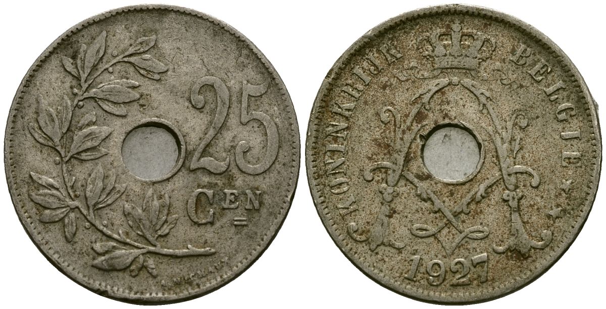 Бельгия 25 сантимов 1927 Belgie KM 69 медно-никель 4131-623