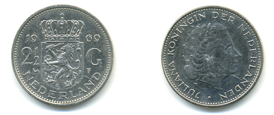 Нидерланды 2 1/2 гульдена 1969 Юлиана (1948-1980) KM 191 никель 83-635