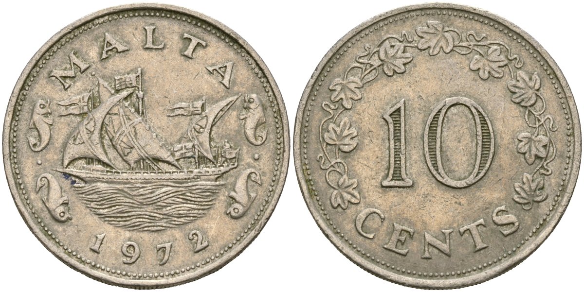 Мальта 10 центов 1972 баржа Великого магистра KM 11 медно-никель 4137-832