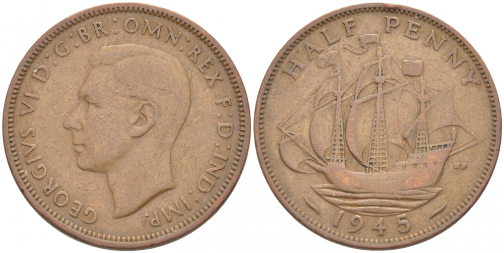 Великобритания 1/2 пенни 1944 Георг VI (1936-1952) KM 844, Spink 4115 бронза 213-913