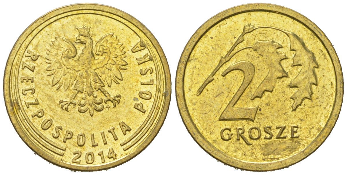 Польша 2 гроша 2014 MW Y 923 сталь плакированная латунью UNC 4618-537
