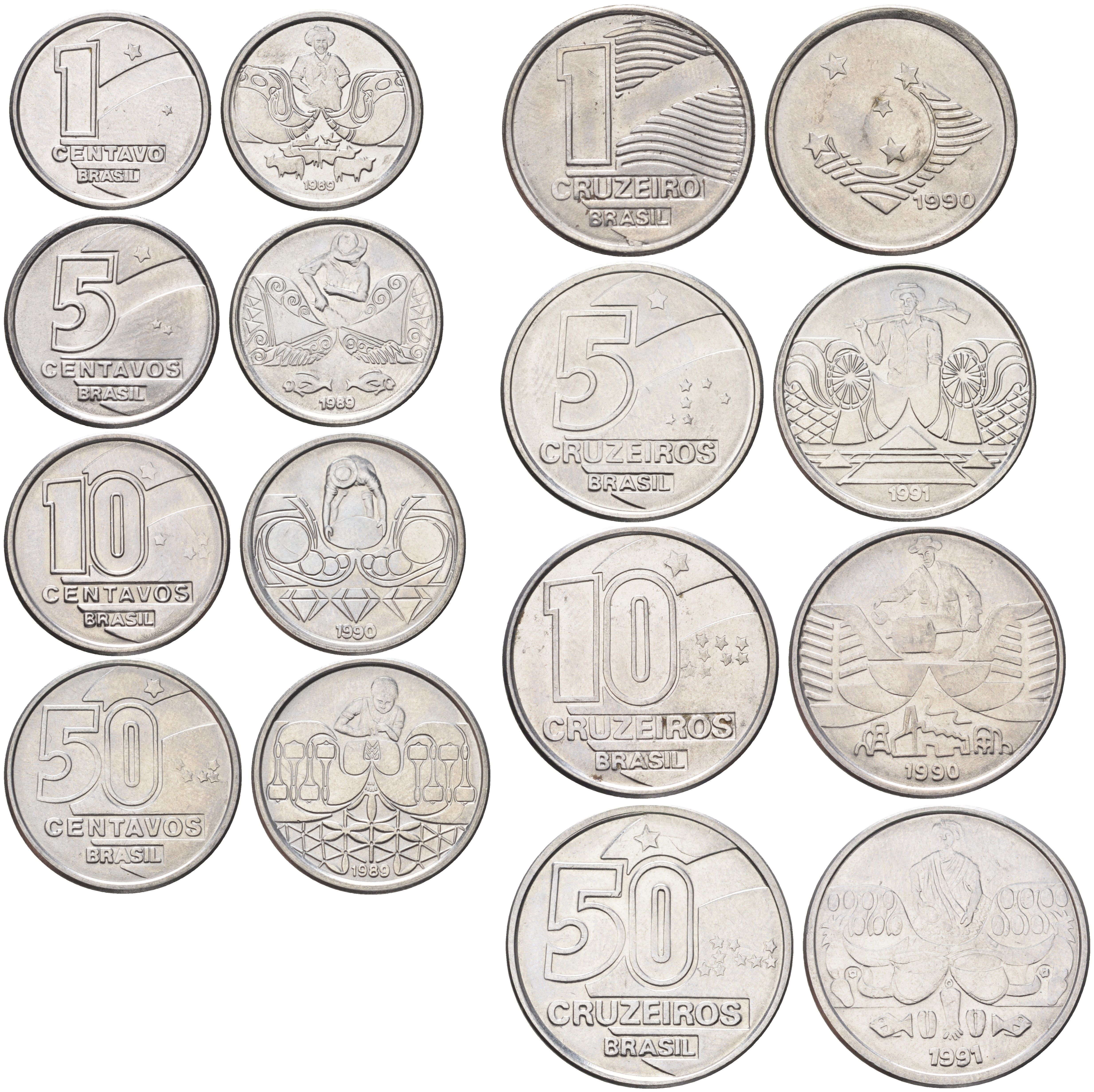 Бразилия набор из 8 монет (1, 5, 10 и 50 сентаво; 1, 5, 10 и 50 крузейро) 1989, 1990 и 1991 Профессии KM 611, 612, 613, 614, 617, 618, 619 и 620 нержавеющая сталь UNC 4666-1211-1215