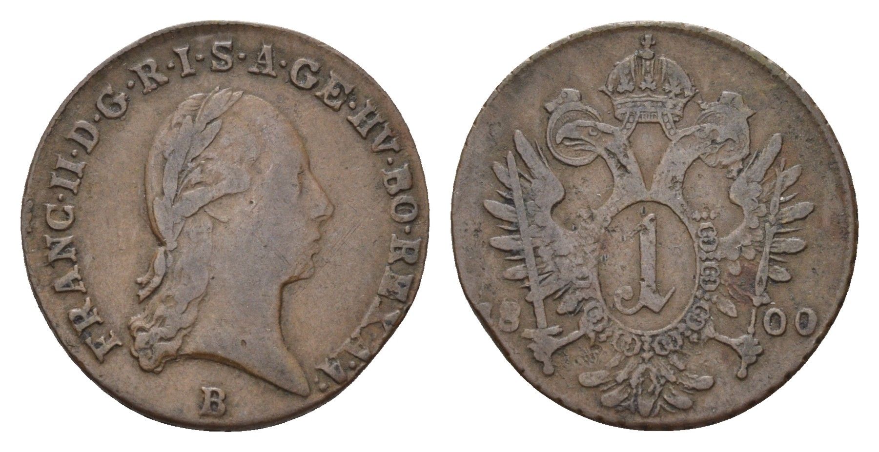 Австрия 1 крейцер 1800 B, Франц II (1792-1806) KM 2111 медь 4122-717