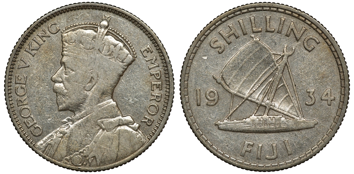 Фиджи 1 шиллинг 1934 Георг V (1910-1936), парусник KM 4 серебро 91-951