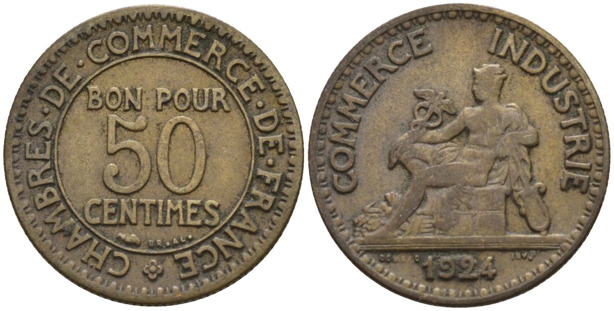 Франция 50 сантимов 1924 Тип Chambre de Commerce KM 884 алюминиевая бронза 4596-726