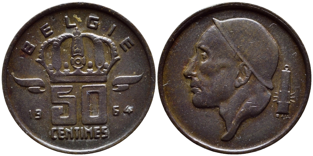 БЕЛЬГИЯ 50 САНТИМОВ 1964 BELGIE KM 149.1 бронза 4392-1346