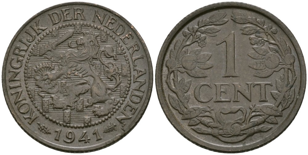 Нидерланды 1 цент 1941 Вильгельмина (1890-1948) KM 152 бронза 4576-1146