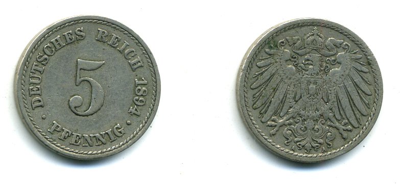 ГЕРМАНИЯ 5 ПФЕННИГОВ 1894 A, KM 11, J. 12 медно-никель 54-365
