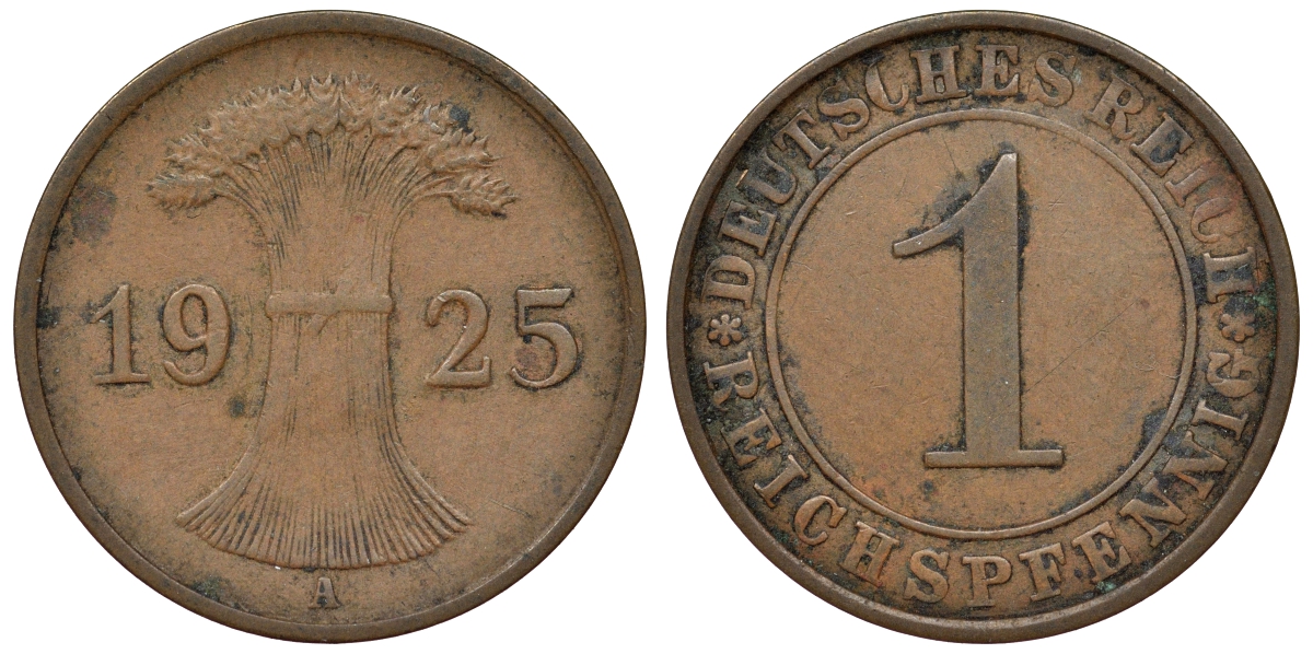 Германия 1 рейхспфенниг 1925 A KM 37, J. 313 бронза 4124-114
