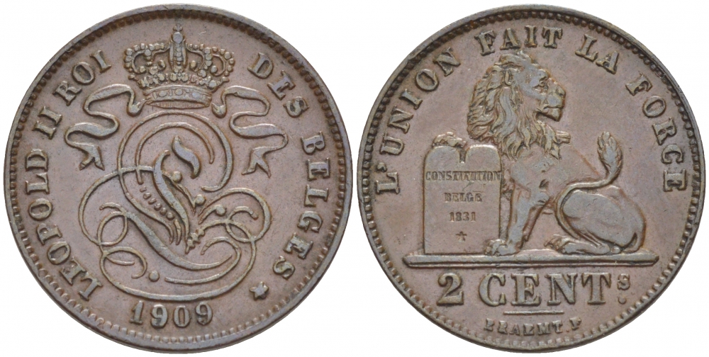 БЕЛЬГИЯ 2 САНТИМА 1909 BELGES KM 35.1 медь 110-211