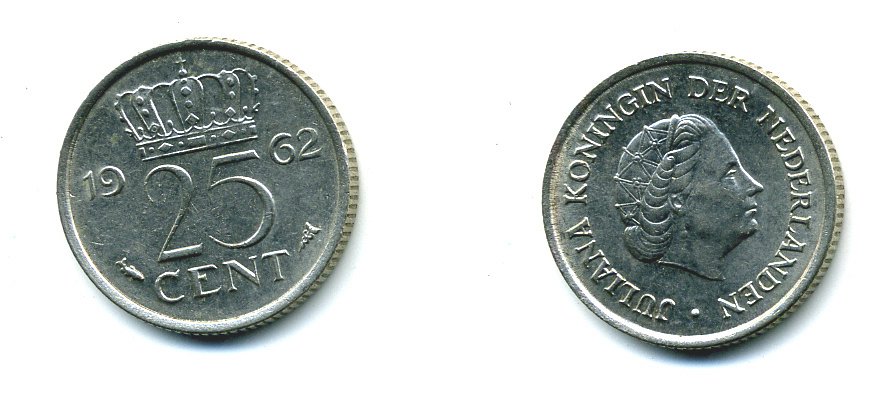НИДЕРЛАНДЫ 25 ЦЕНТОВ 1962 ЮЛИАНА KM 183 никель 76-369