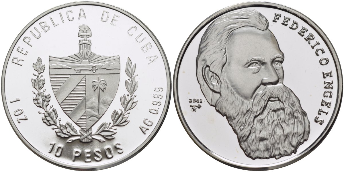 Куба 10 песо 2002 серия вожди мирового пролетариата - Фридрих Энгельс KM 787 серебро PROOF 00-000-00