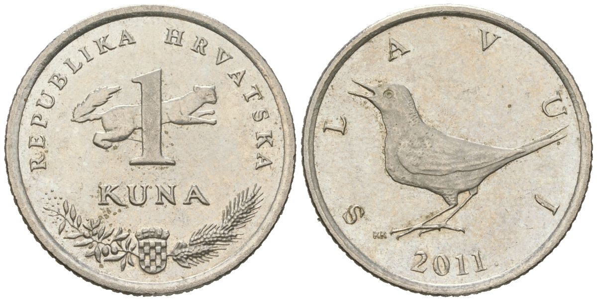 Хорватия 1 куна 2011 западный соловей, легенда на хорватском KM 9.1 медь цинк никель aUNC 4448-951