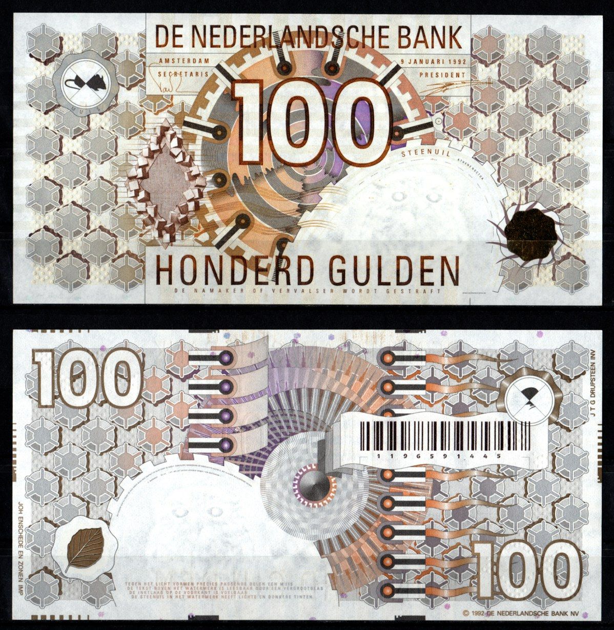 Нидерланды 100 гульденов 1992 Pick 101 (2) бумага UNC (пресс) 451-430-3