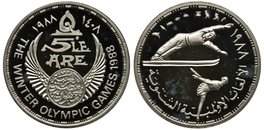 Египет 5 фунтов 1988 АН1408, зимние олимпийские игры, фигурное катание, прыжки с трамплина KM 628 серебро PROOF 01-239-12