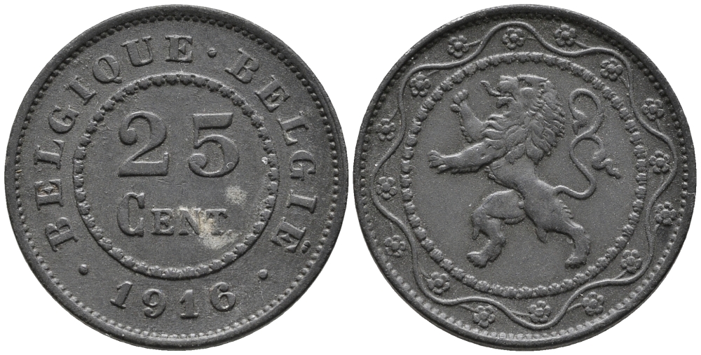 БЕЛЬГИЯ 25 САНТИМОВ 1916 BELGIQUE-BELGIE, ГЕРМАНСКАЯ ОККУПАЦИЯ, ПЕРВАЯ МИРОВАЯ ВОЙНА KM 82 цинк 34-1127