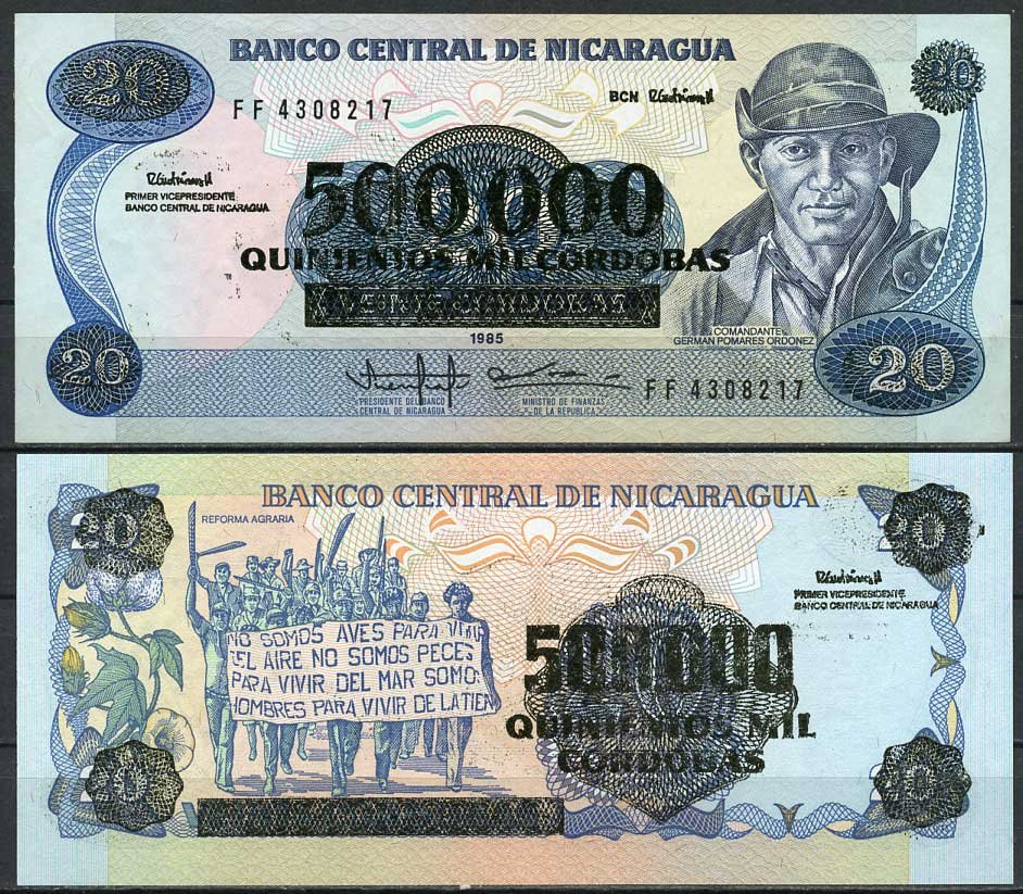 Никарагуа 500000 кордоба 1985 (1990) надпечатка на 20 кордоба, Херман Помарес Ордоньес Pick 163 бумага UNC (пресс) 447-95-1