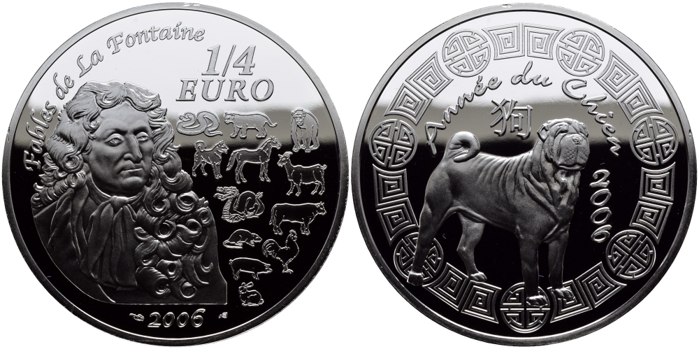 Франция 1/4 евро 2006 басни Лафонтена, год собаки KM 1415 серебро BUNC 1068-10-62