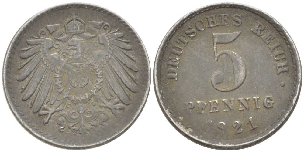 ГЕРМАНИЯ 5 ПФЕННИГОВ 1921 D KM 19, J. 297, Weege 5 железо 206-736