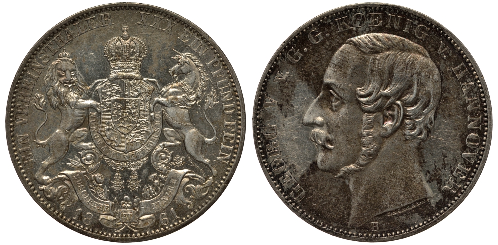 Брауншвейг-Каленберг-Ганновер 1 талер 1861 В, Георг V (1851-1866) KM 230, AKS 144, Dav. 682, Kahnt 239, Thun 174 серебро 00-817-10