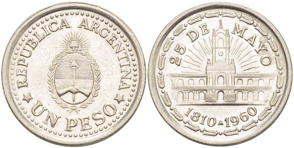 Аргентина 1 песо 1960 150 лет свержения Испанского вице-короля (1810-1960) KM 58 сталь плакированная никелем 4514-934