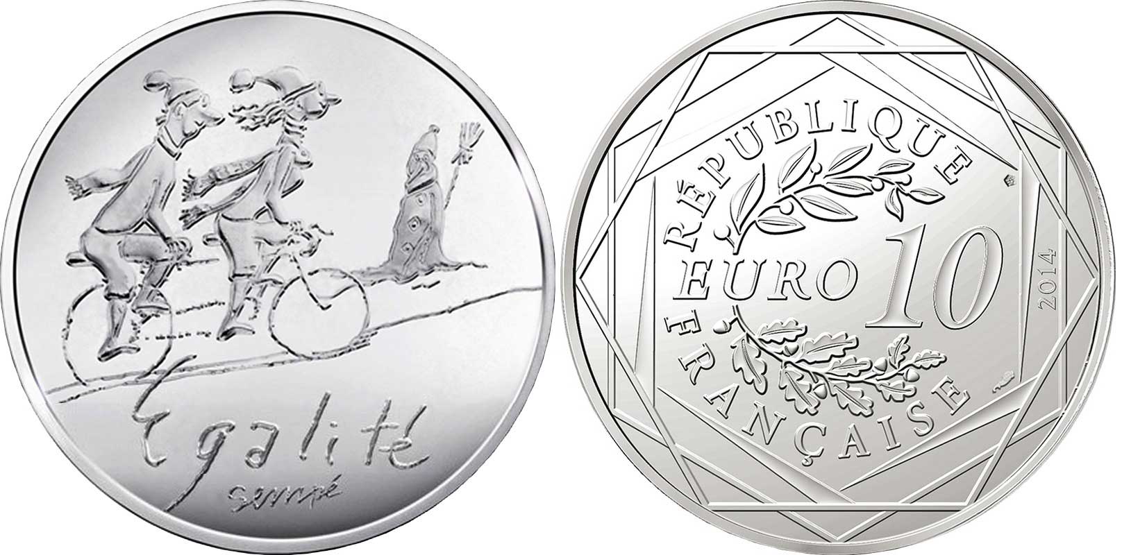 Франция 10 евро 2014 карикатуры Жан-Жака Сампе, зима-равенство, люди на велосипеде, снеговик, в оригинальном буклете KM NEW серебро UNC 1-4-3-06