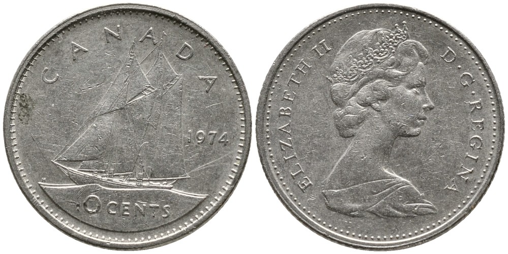 КАНАДА 10 ЦЕНТОВ 1974 ЕЛИЗАВЕТА II (1952-), ПАРУСНИК, ВТОРОЙ ПОРТРЕТ В КОРОНЕ KM 77.1 никель 4532-817