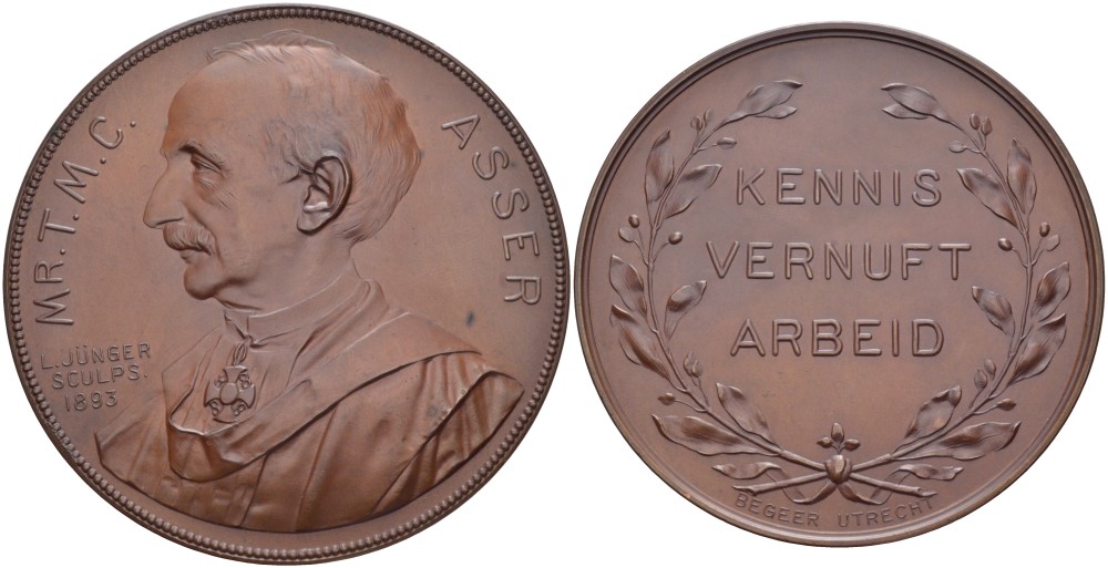 НИДЕРЛАНДЫ МЕДАЛЬ 1893 ЗНАНИЕ, ИЗОБРЕТАТЕЛЬНОСТЬ, ТРУД, ГОРОД УТРЕХТ, ПОРТРЕТ Mr. T.M.C. Asser, L. JUNGER SCULPS, ДИАМЕТР 66 ММ. KB. 202; v. Sch. 25; Polak 47 бронза 00-00