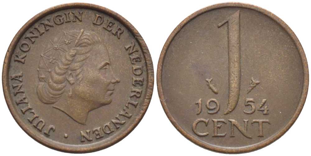 Нидерланды 1 цент 1954 Юлиана (1949-1980) KM 180 бронза 206-248