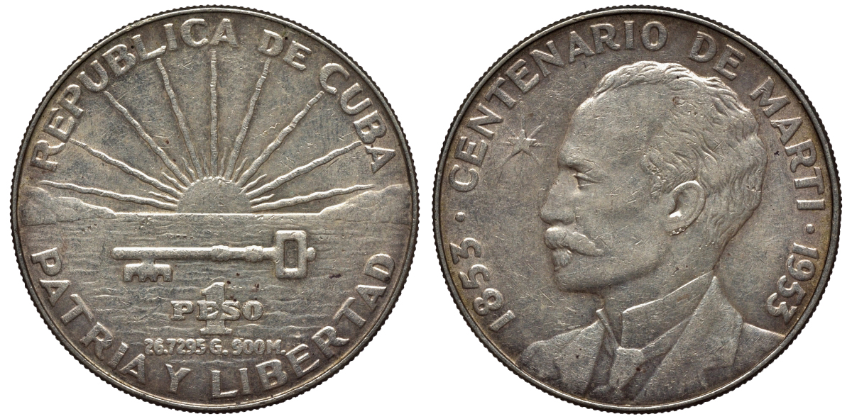 Куба 1 песо 1953 100 лет со дня рождения Хосе Марти KM 29 серебро 441-1623
