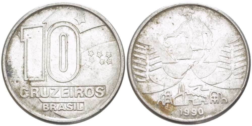 Бразилия 10 крузейро 1990 золотодобыча KM 619.1 нержавеющая сталь 3996-716