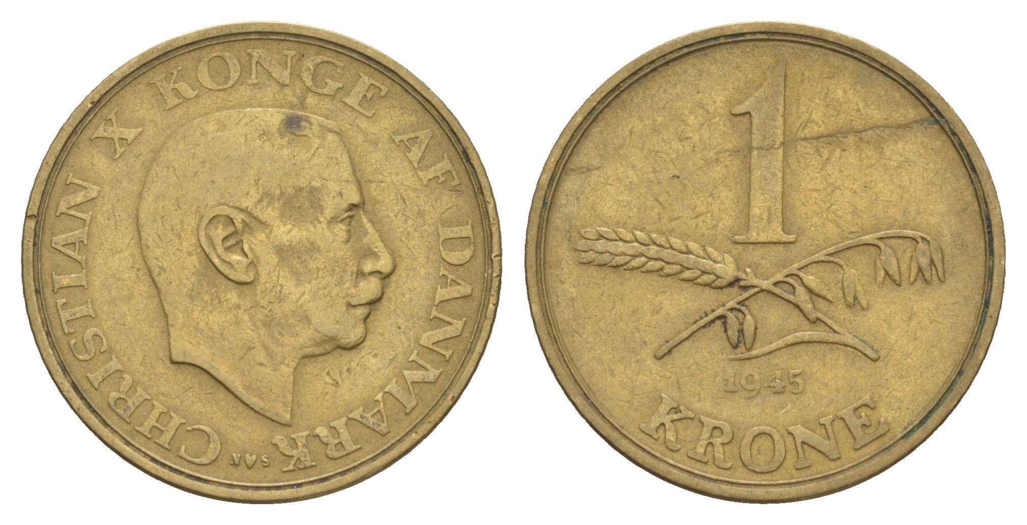 Дания 1 крона 1945 N, Кристиан X (1912-1947) KM 835 алюминиевая бронза 4654-737