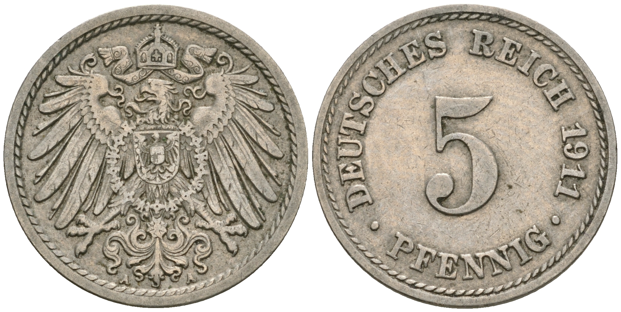 Германия 5 пфеннигов 1911 A KM 11, J. 12, Weege 6 медно-никель 08-1312