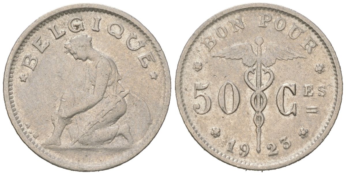 Бельгия 50 сантимов 1923 BELGIQUE, Альберт I (1909-1934) KM 87 никель 4617-713