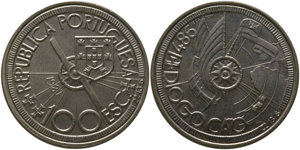 Португалия 100 эскудо 1987 INCM, Золотой век открытий - Диогу Кан KM 641 медно-никель aUNC 4587-1125