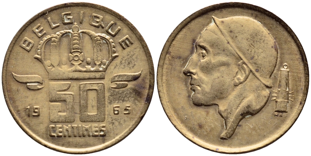 БЕЛЬГИЯ 50 САНТИМОВ 1965 BELGIQUE KM 148.1 бронза 4392-839