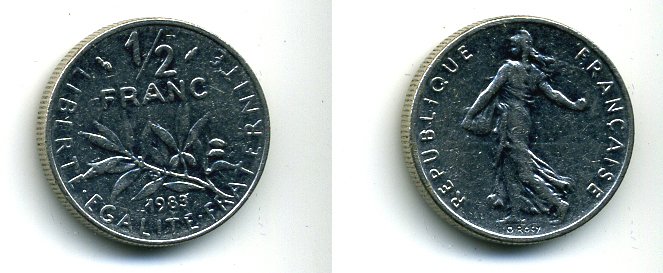 ФРАНЦИЯ 1/2 ФРАНКА 1983 KM 931.1 никель 46-346
