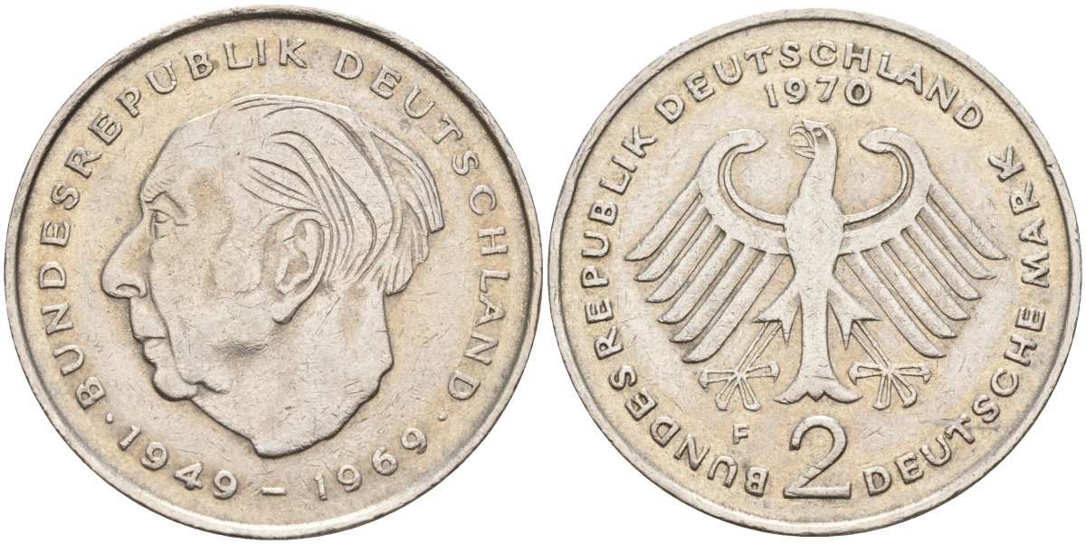 ФРГ 2 марки 1970 F, Теодор Хойс KM A127, J. 407 медно-никель плакированный никелем 4583-922