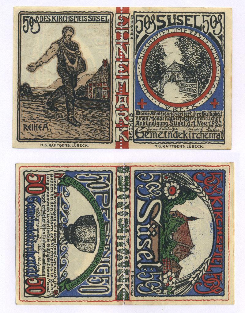 Германия, Зюзель 1 марка (2 Х 50 пфеннигов) 1920 нотгельд, сеятель, перфорация Grabowski 1301.1а бумага aUNC 444-16-1