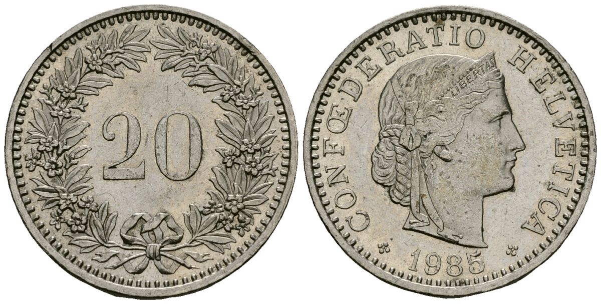 Швейцария 20 раппенов 1985 KM 29a медно-никель 4167-636