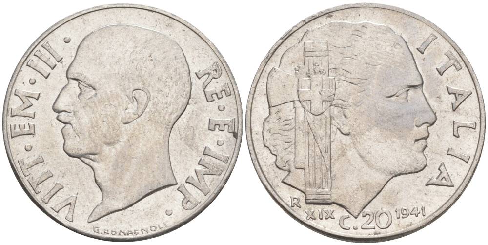 ИТАЛИЯ 20 ЧЕНТЕЗИМО 1941 R, ГОД XIX, ВИКТОР ЭММАНУИЛ III (1900-1946) KM 75b, VEM3. 1028 нержавеющая сталь 3853-557