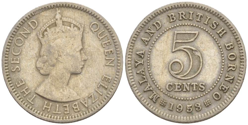 Малайя и Британское Борнео 5 центов 1953 Елизавета II (1952-2022) KM 1 медно-никель 4547-265