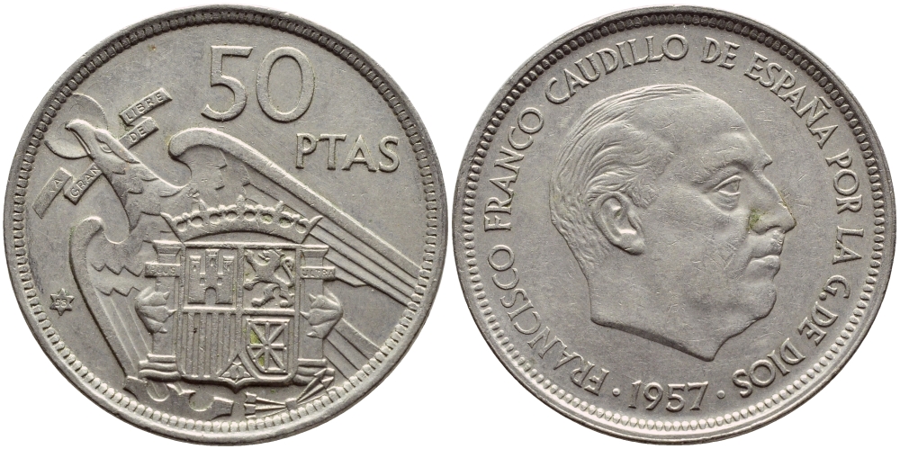 ИСПАНИЯ 50 ПЕСЕТ 1958 1957 ГОД, ФРАНКО KM 788 медно-никель 4389-1136