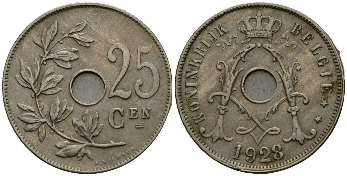 Бельгия 25 сантимов 1928 Belgie KM 69 медно-никель 4131-712