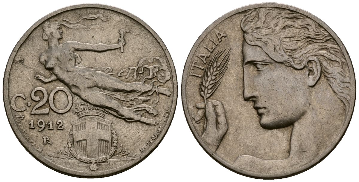 Италия 20 чентезимо 1912 R, Виктор Эммануил III (1900-1946) KM 44 никель 4177-851